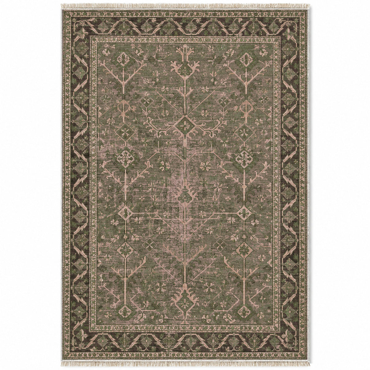 Konya Branch Rose & Olive washable rug top view