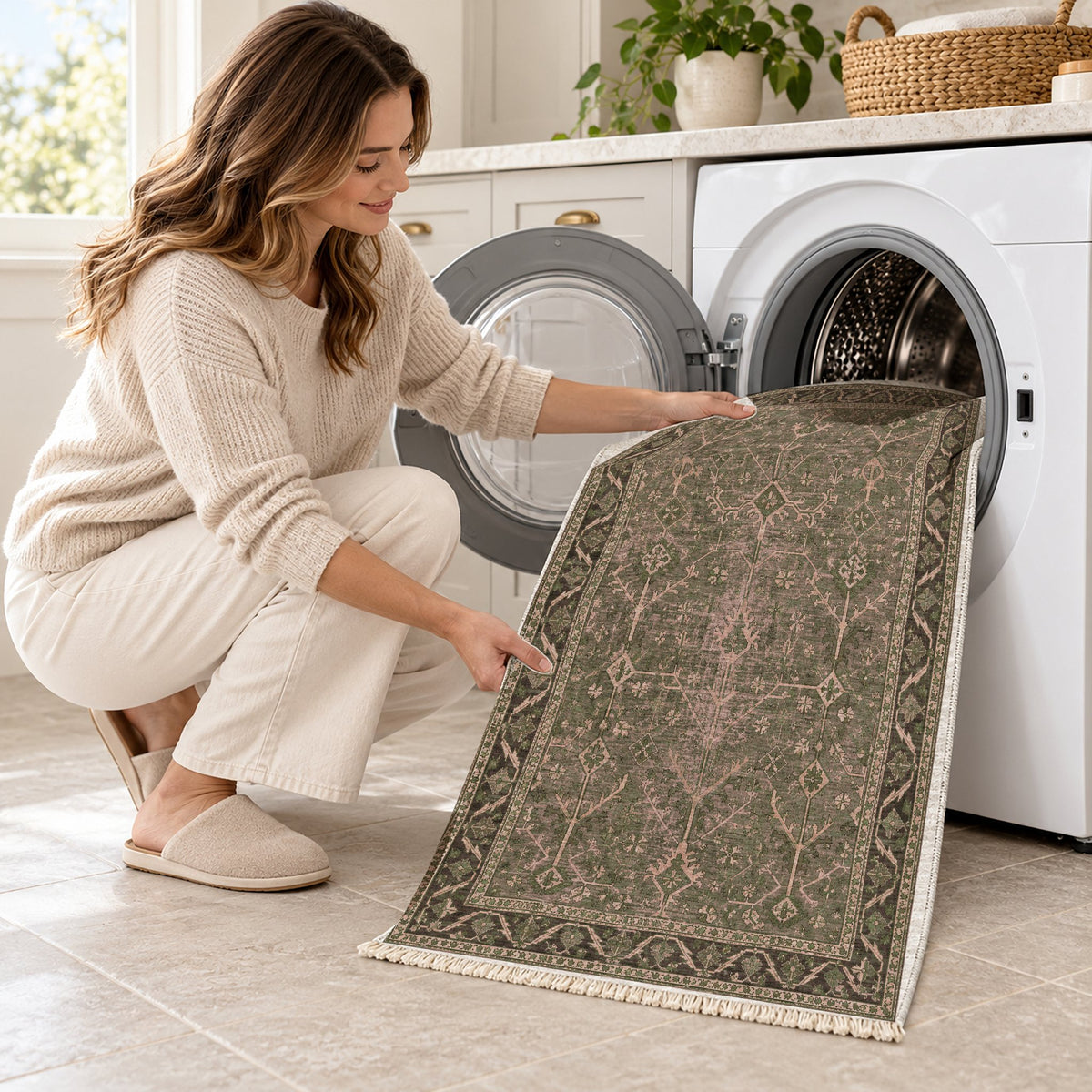 Konya Branch Rose & Olive washable rug being loaded into a washing machine