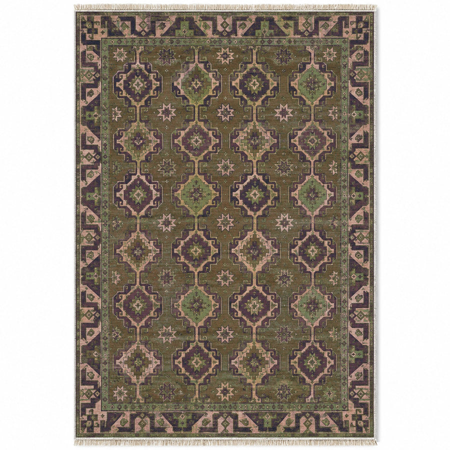 Konya Hooked Field Rose & Olive Seljuk Washable Rug