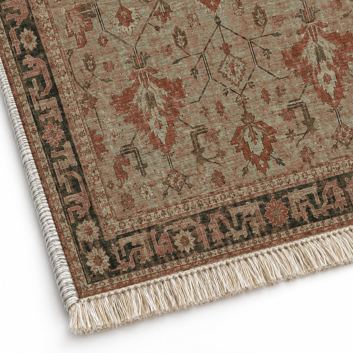 Konya Palmette Clay & Sage washable rug close-up of the printed chenille
