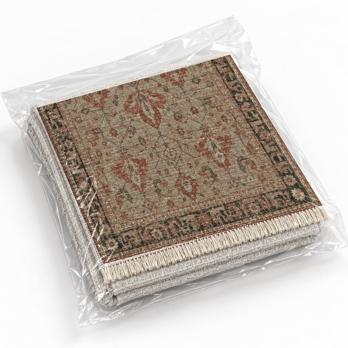 Konya Palmette Clay & Sage washable rug rolled and packaged