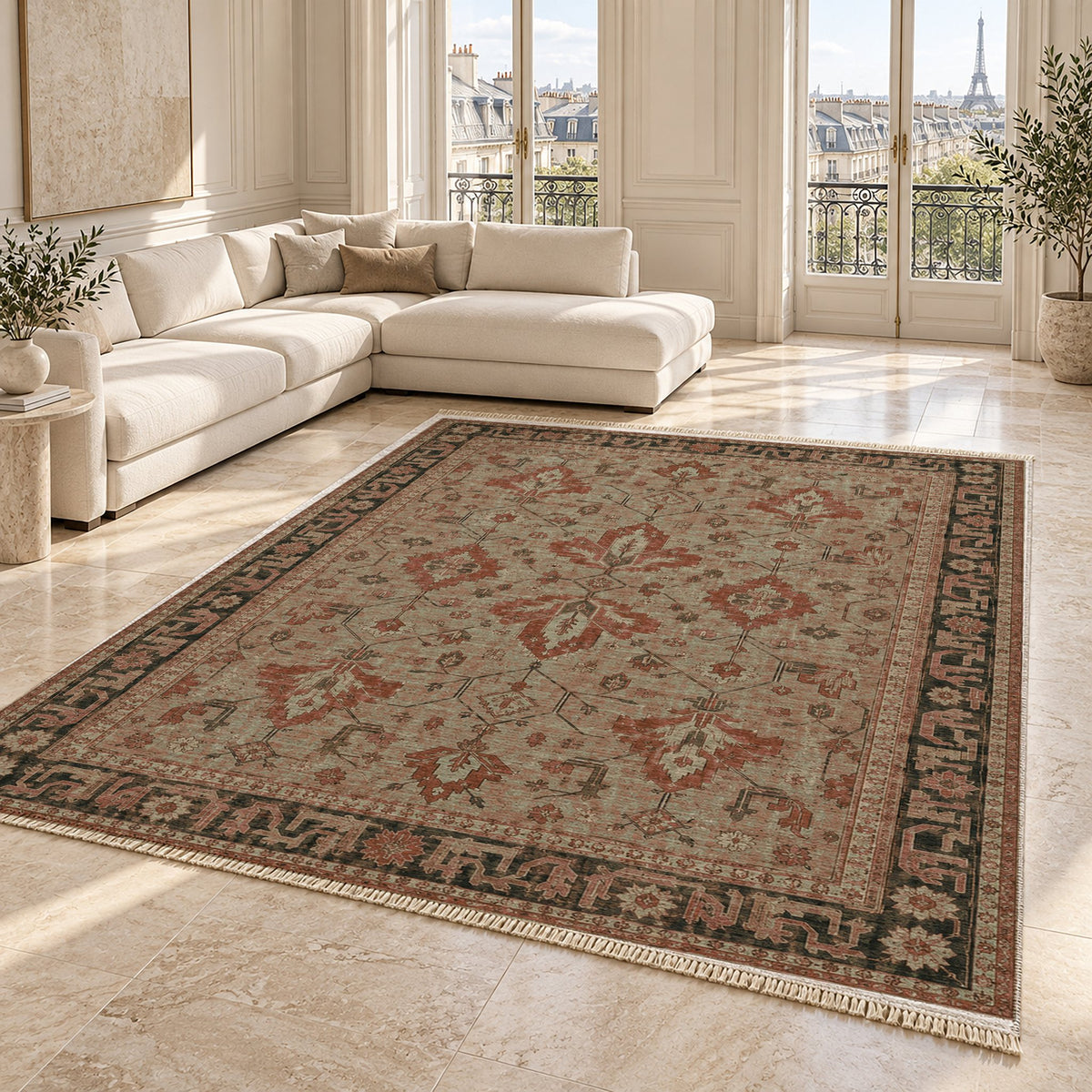 Konya Palmette Clay & Sage washable rug angled room view on marble