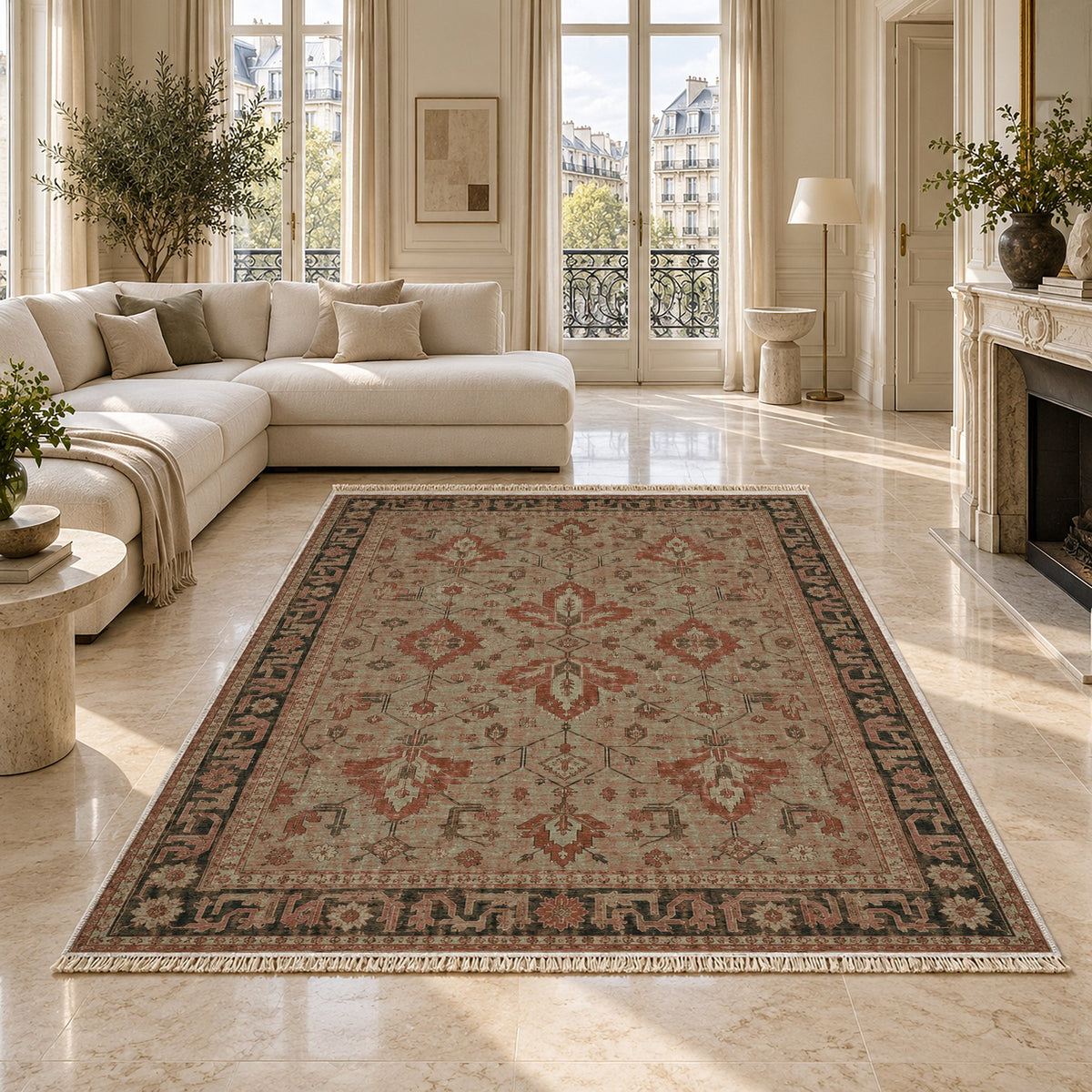 Konya Palmette Clay & Sage washable rug on a marble floor