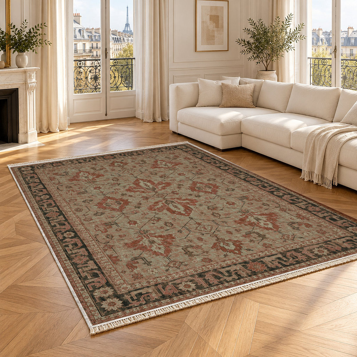 Konya Palmette Clay & Sage washable rug angled room view