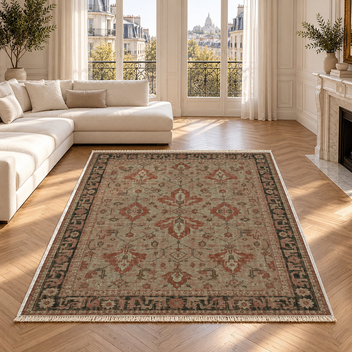 Konya Palmette Clay & Sage washable rug in a Paris living room