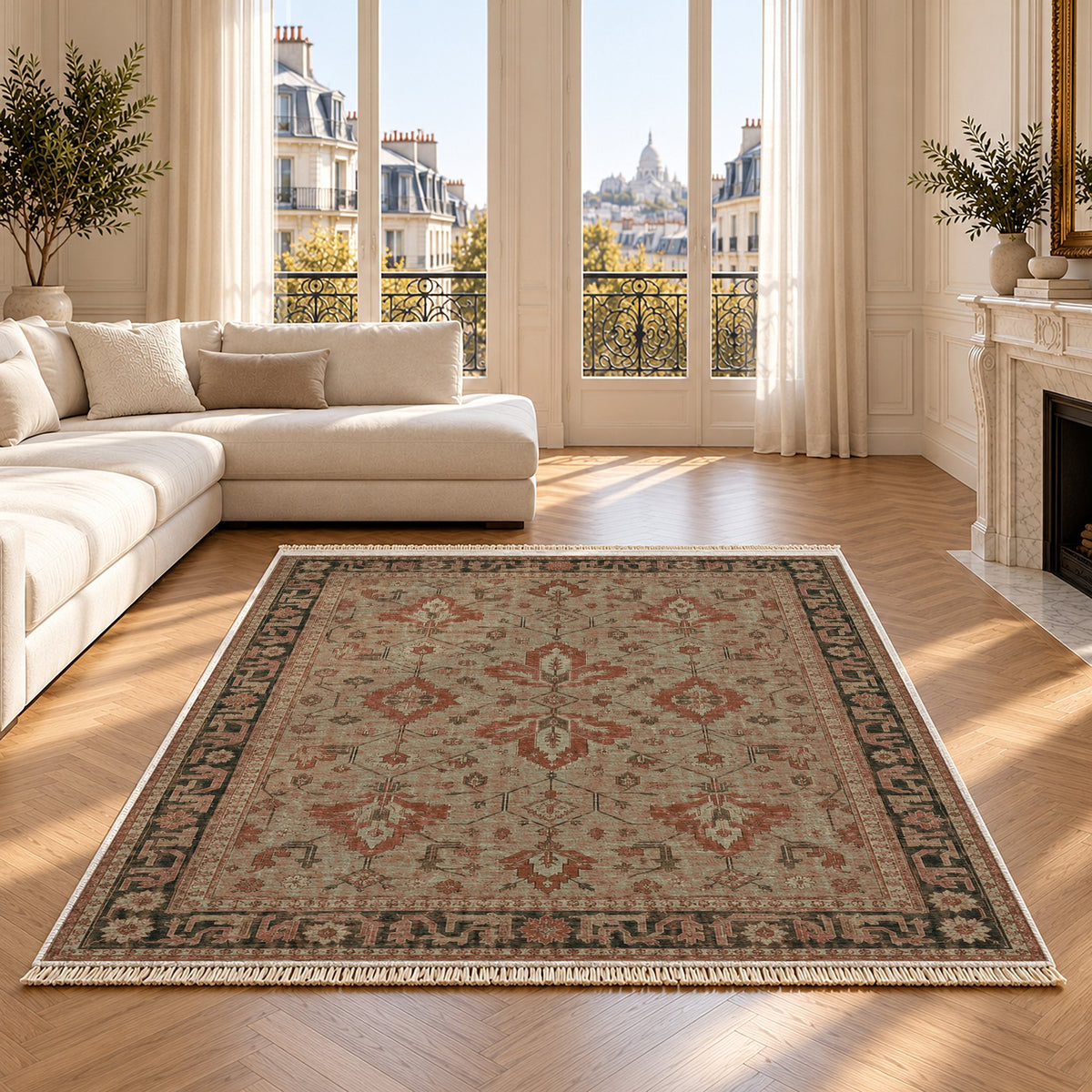 Konya Palmette Clay & Sage washable rug on an oak floor