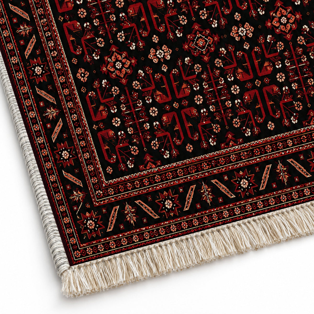 Kunduz Tree Black washable rug close-up of the printed chenille