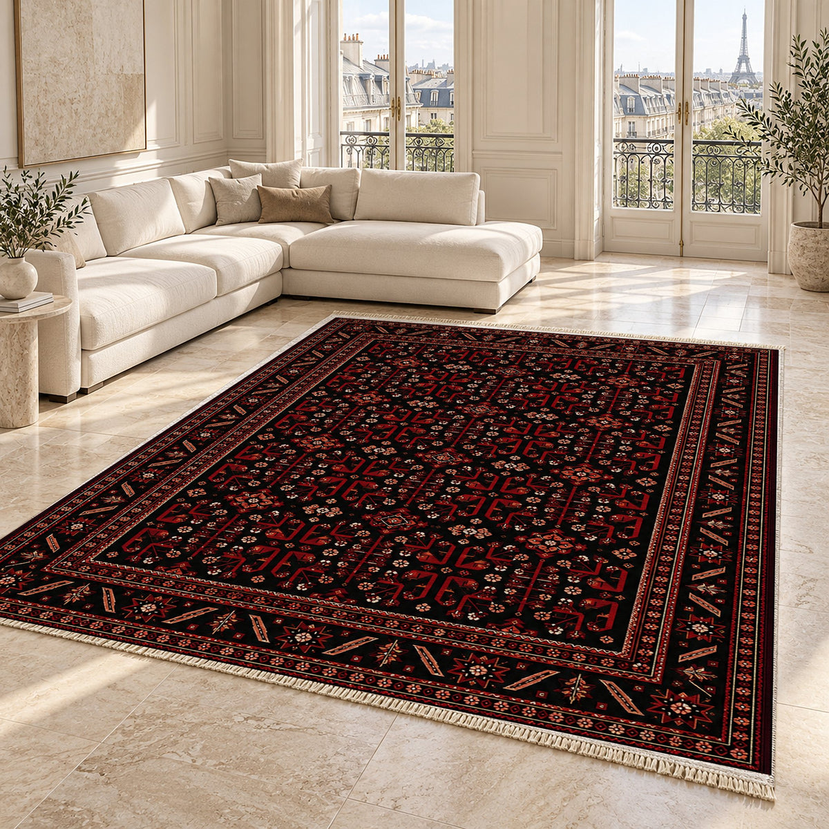 Kunduz Tree Black washable rug angled room view on marble