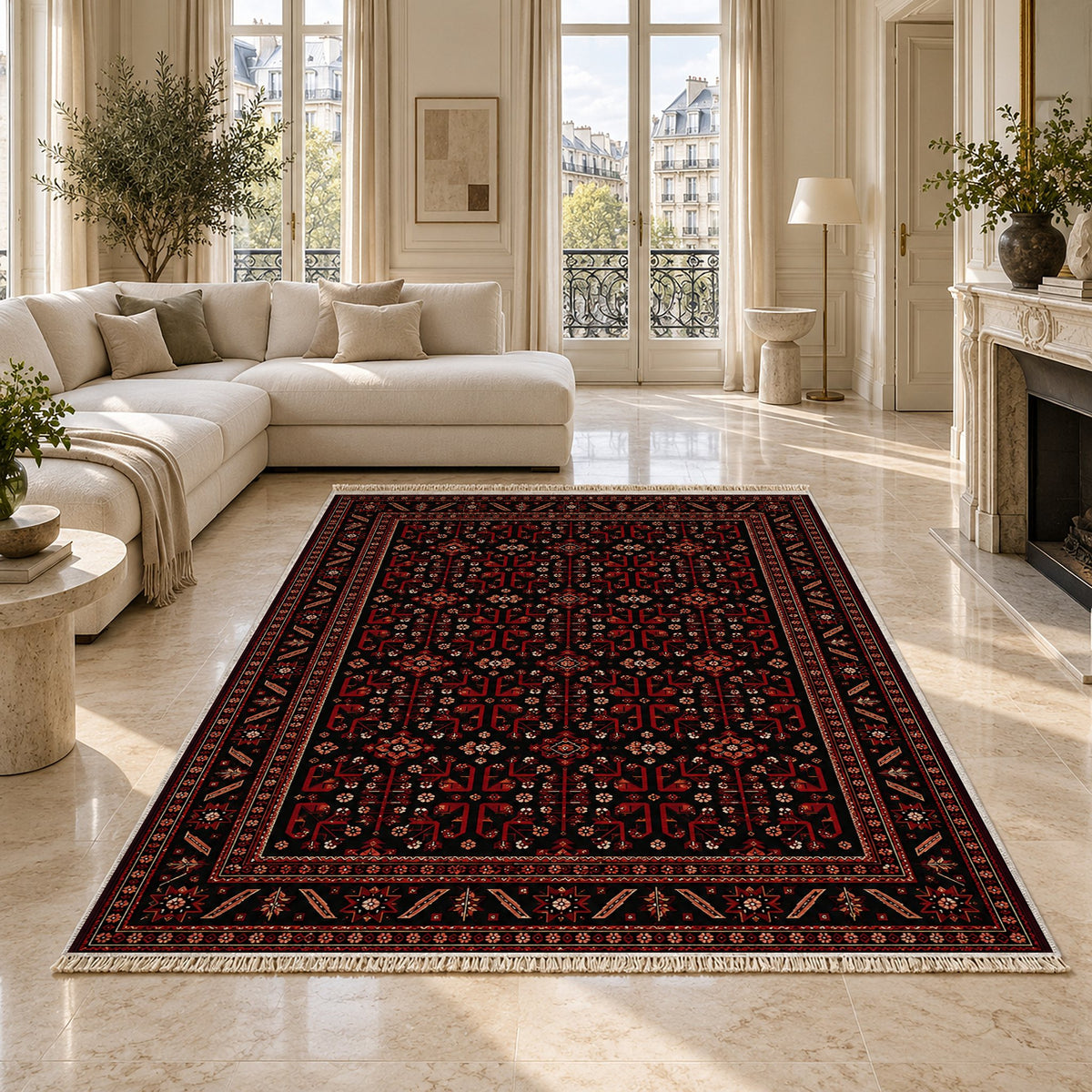 Kunduz Tree Black washable rug on a marble floor
