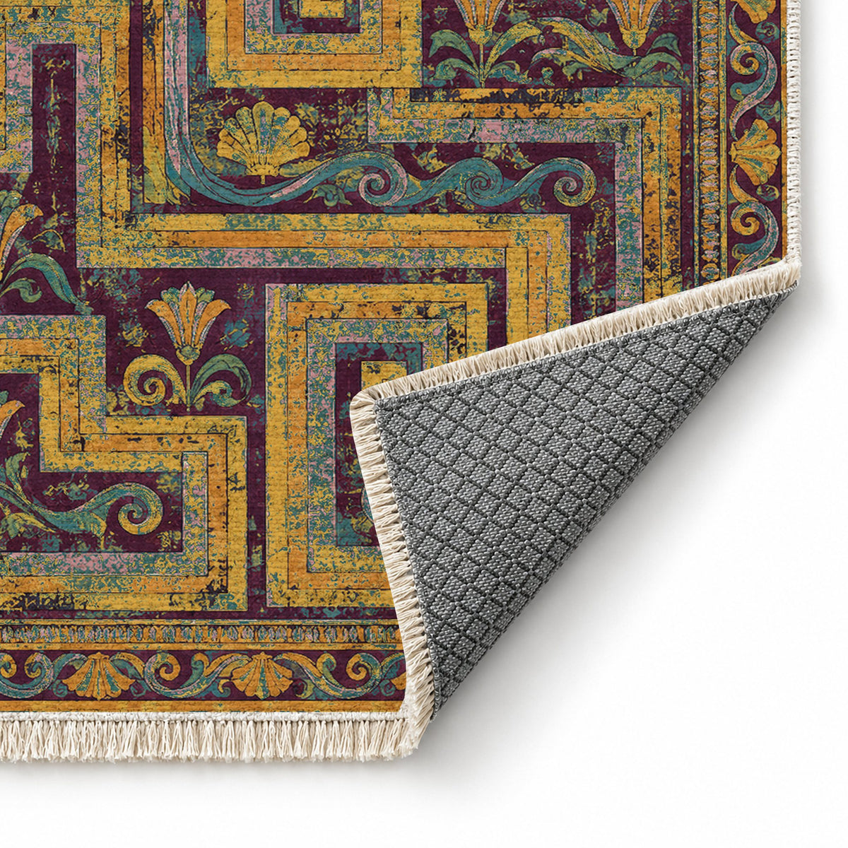 Labyrinth Weave Burgundy & Teal washable rug folded corner showing the backing