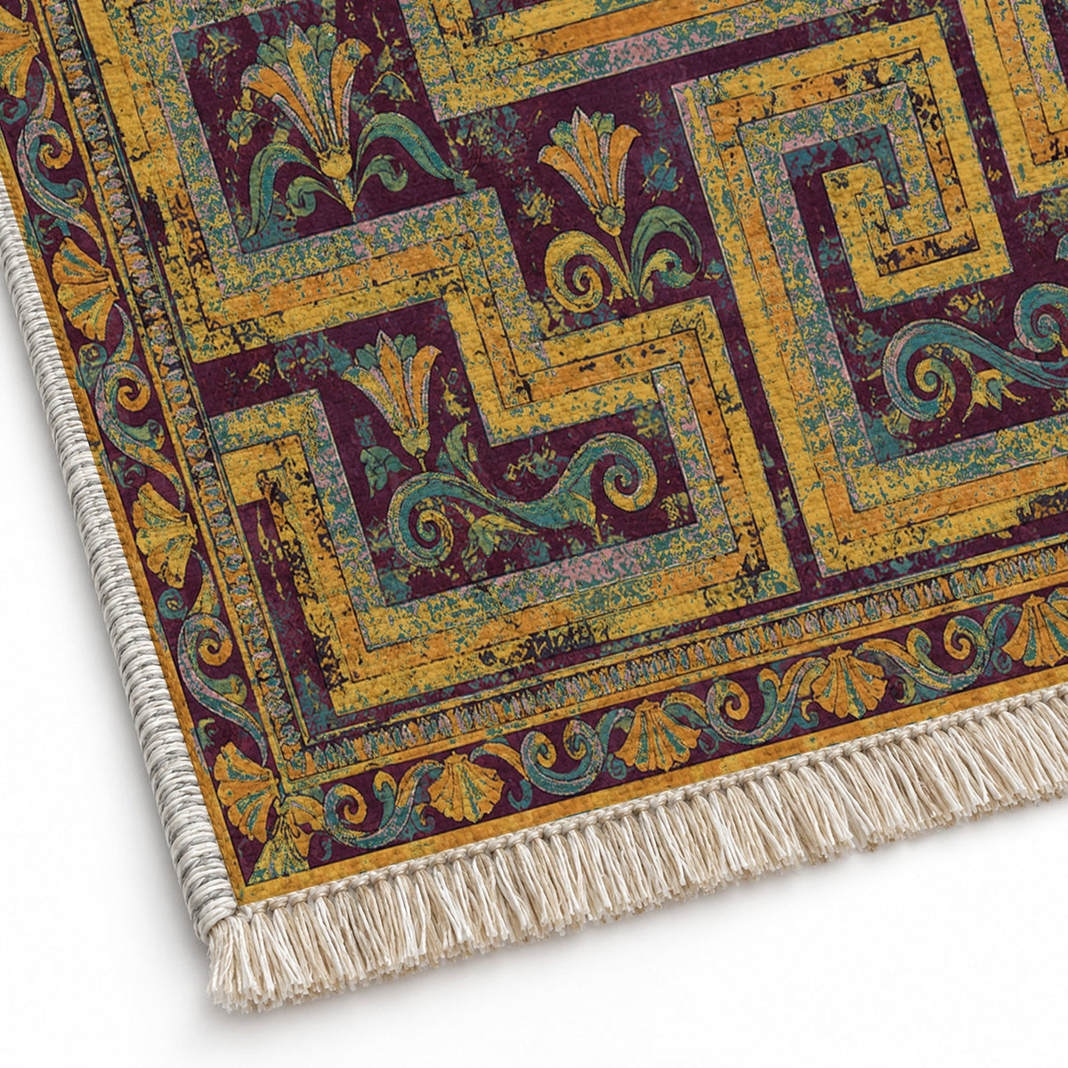 Labyrinth Weave Burgundy & Teal washable rug close-up of the printed chenille