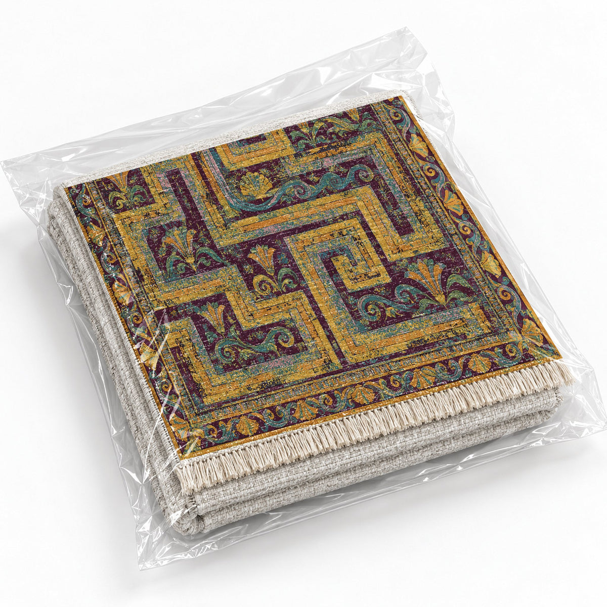 Labyrinth Weave Burgundy & Teal washable rug rolled and packaged