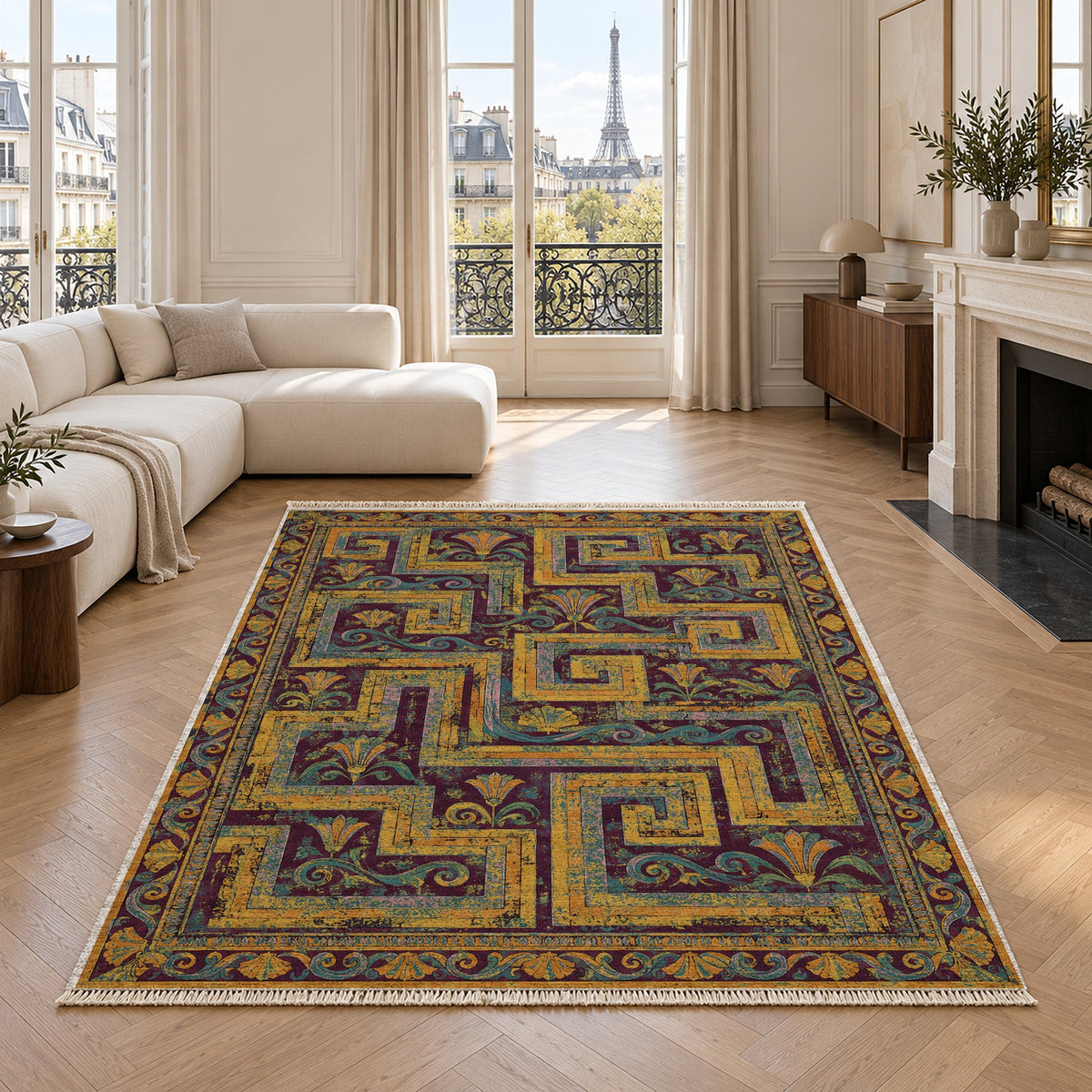 Labyrinth Weave Burgundy & Teal washable rug in a living room with an Eiffel Tower view