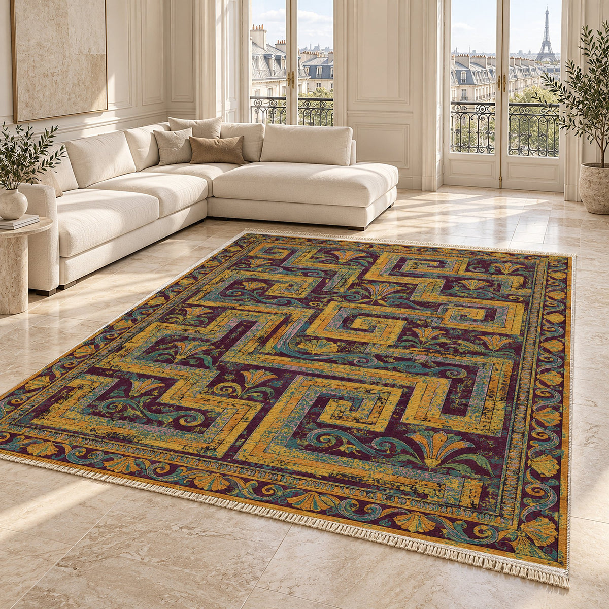 Labyrinth Weave Burgundy & Teal washable rug angled room view on marble