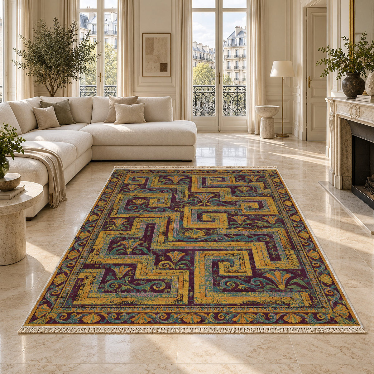 Labyrinth Weave Burgundy & Teal washable rug on a marble floor