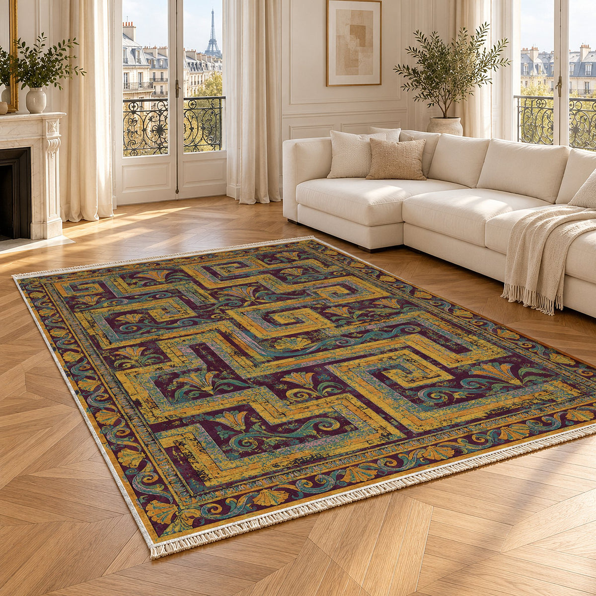 Labyrinth Weave Burgundy & Teal washable rug angled room view