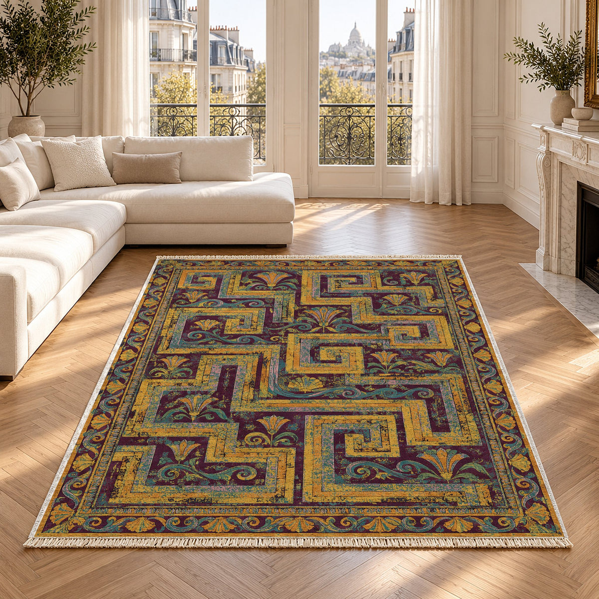 Labyrinth Weave Burgundy & Teal washable rug in a Paris living room