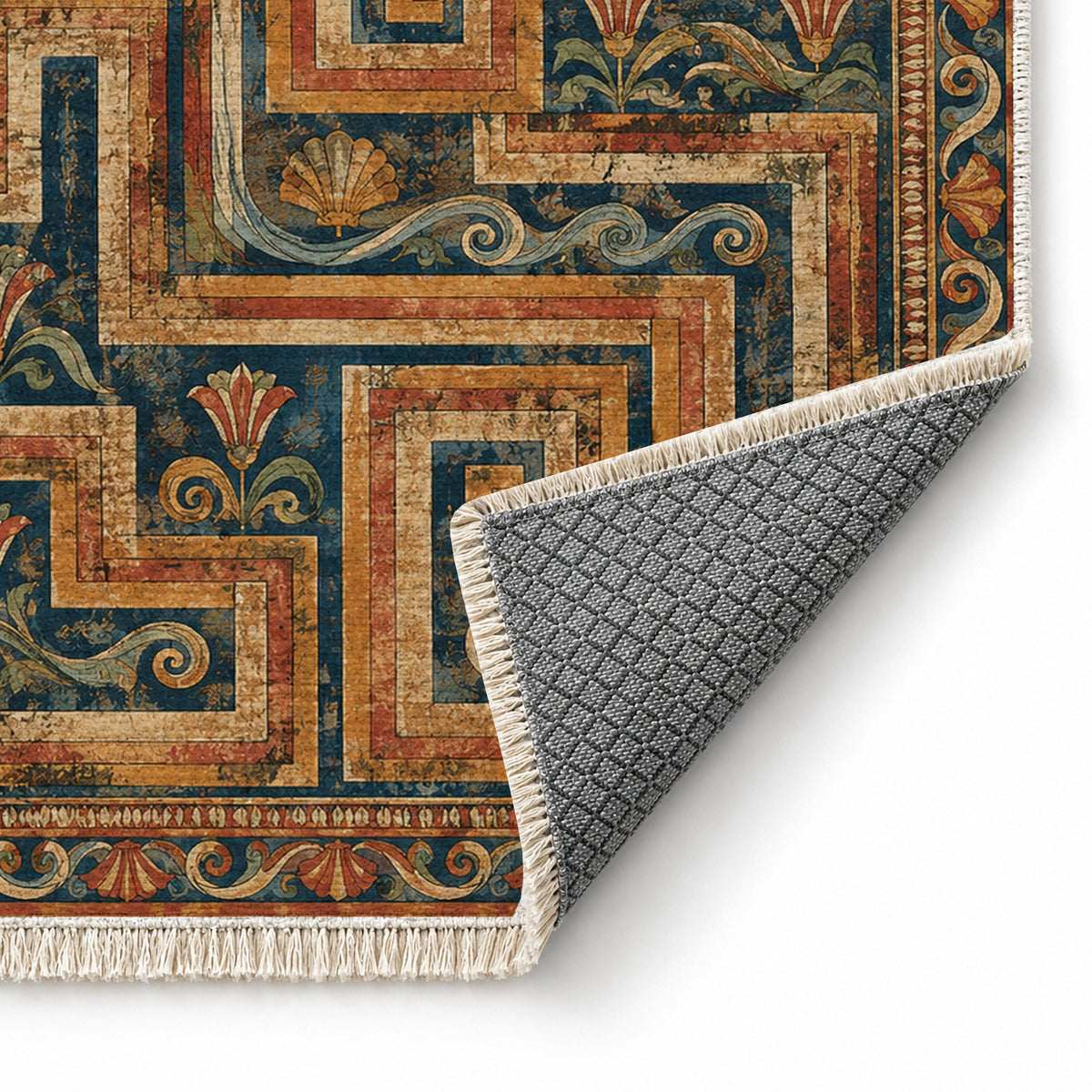 Labyrinth Weave Indigo & Rust washable rug folded corner showing the backing
