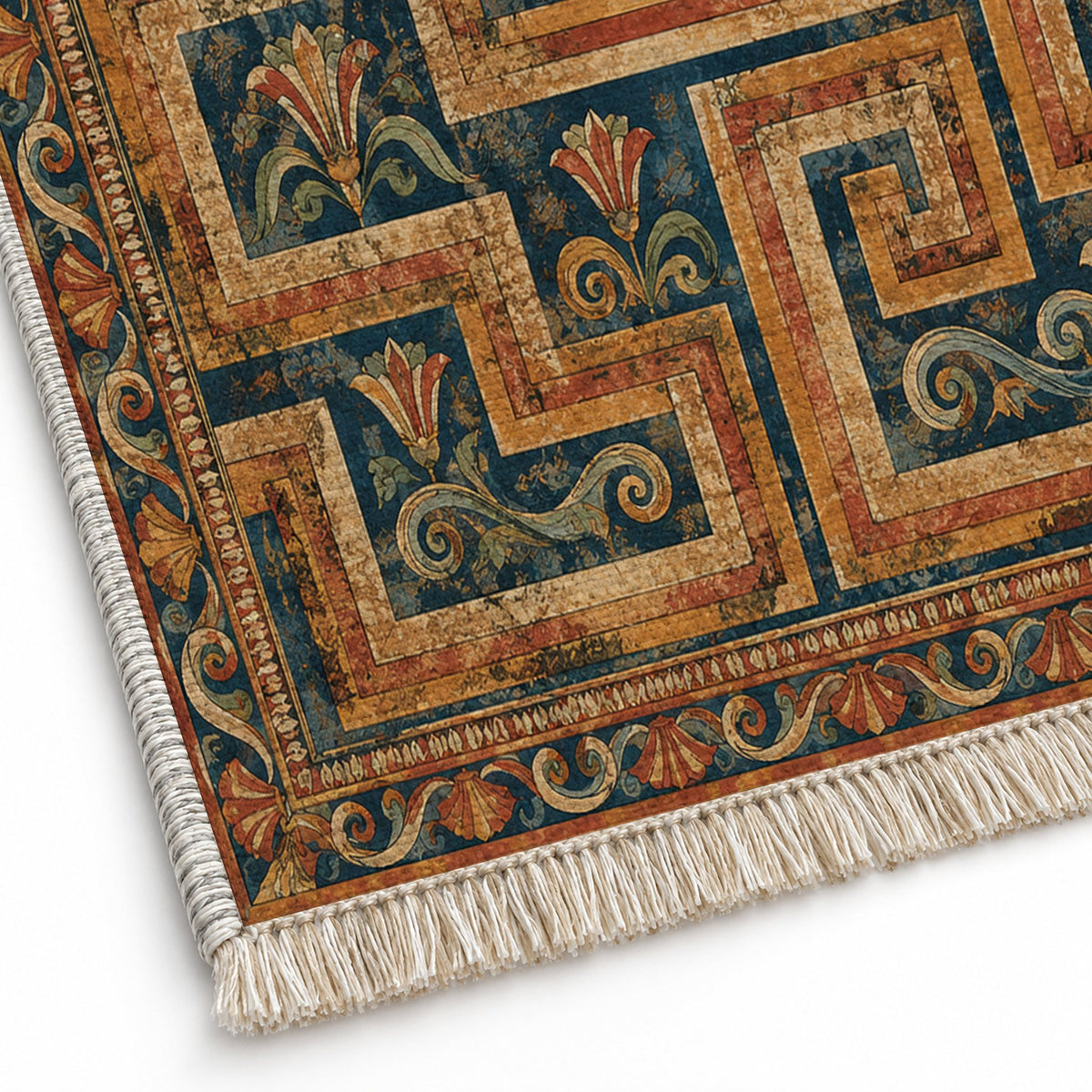 Labyrinth Weave Indigo & Rust washable rug close-up of the printed chenille