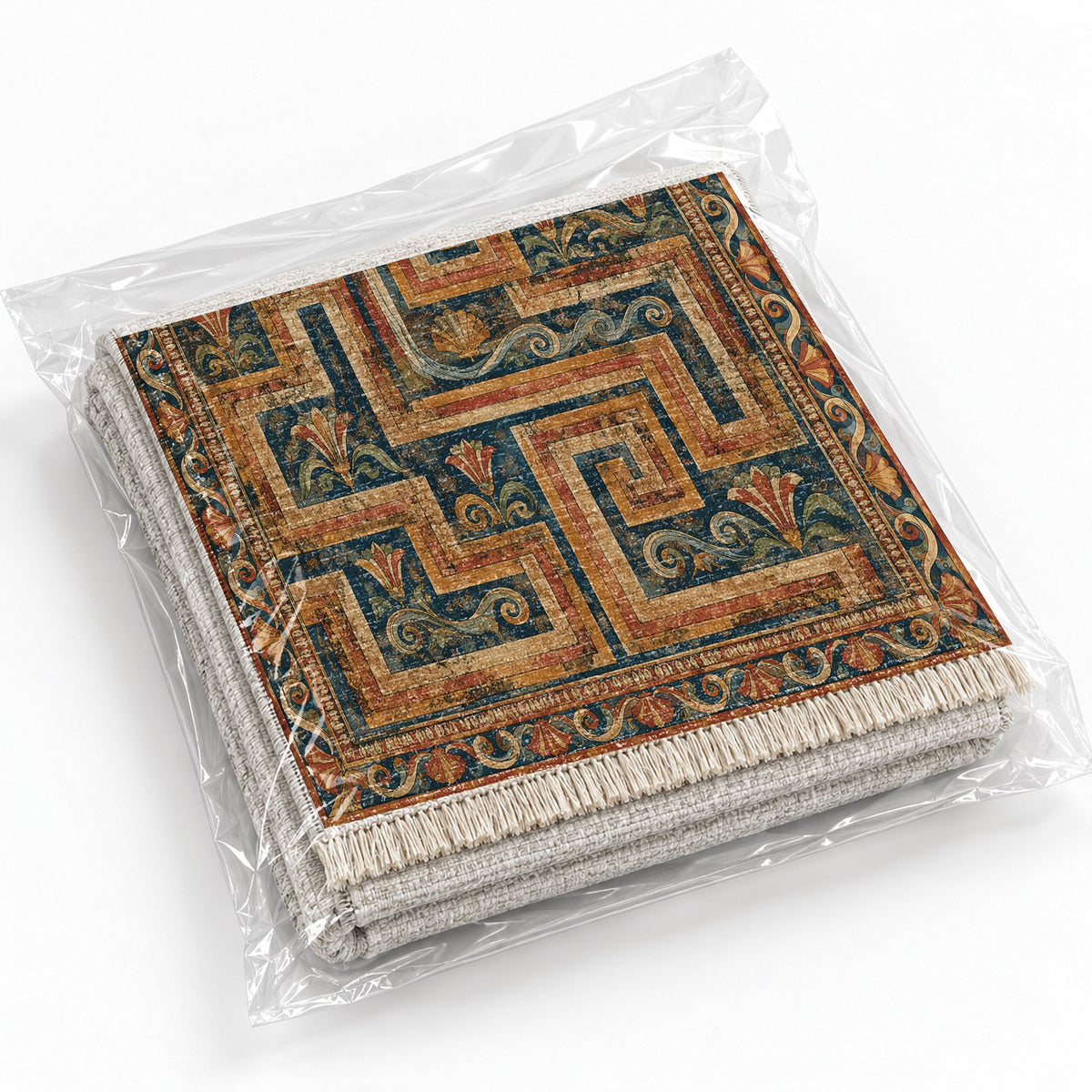 Labyrinth Weave Indigo & Rust washable rug rolled and packaged
