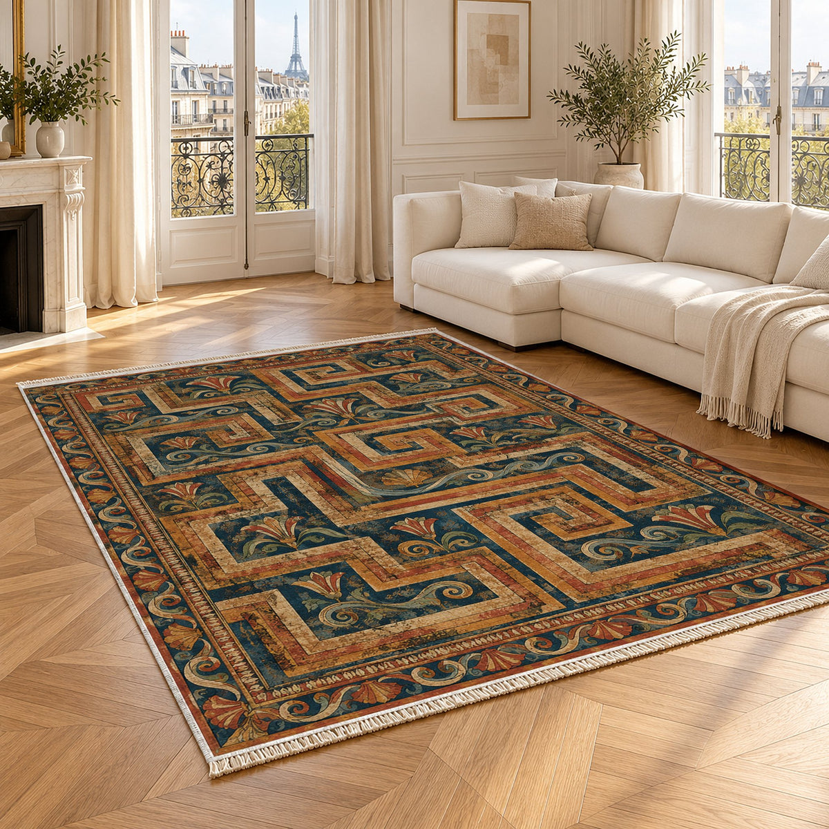 Labyrinth Weave Indigo & Rust washable rug angled room view