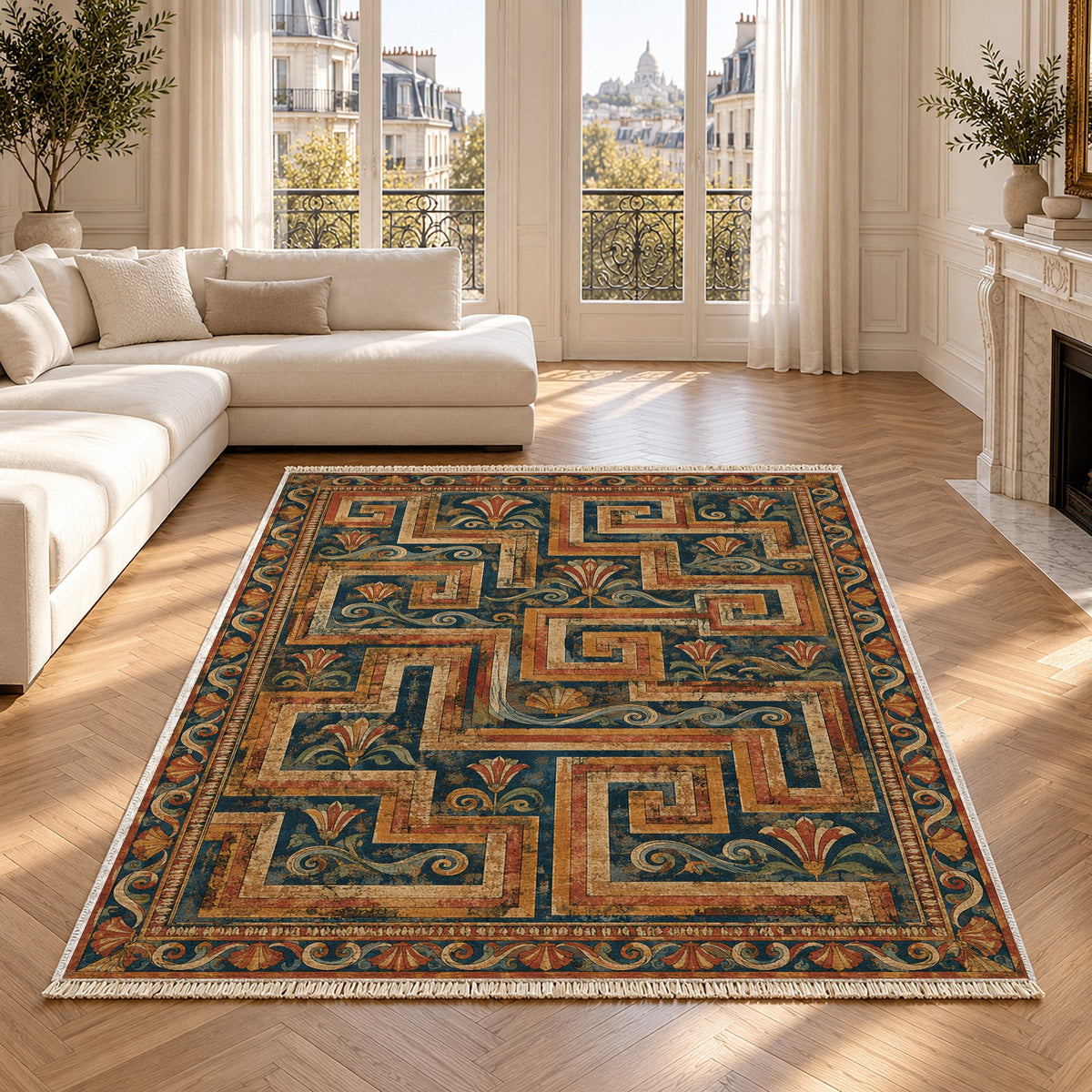 Labyrinth Weave Indigo & Rust washable rug in a Paris living room