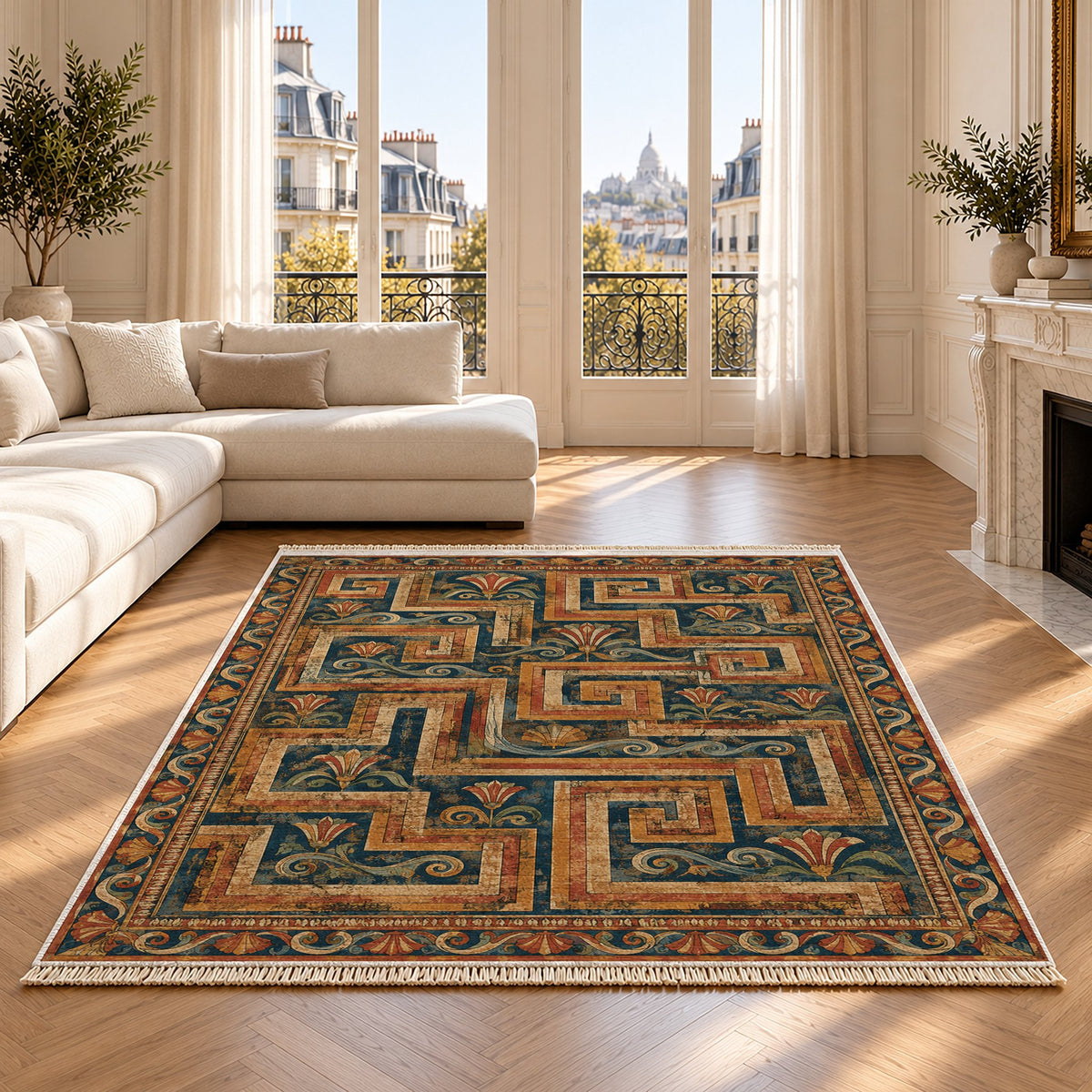 Labyrinth Weave Indigo & Rust washable rug on an oak floor