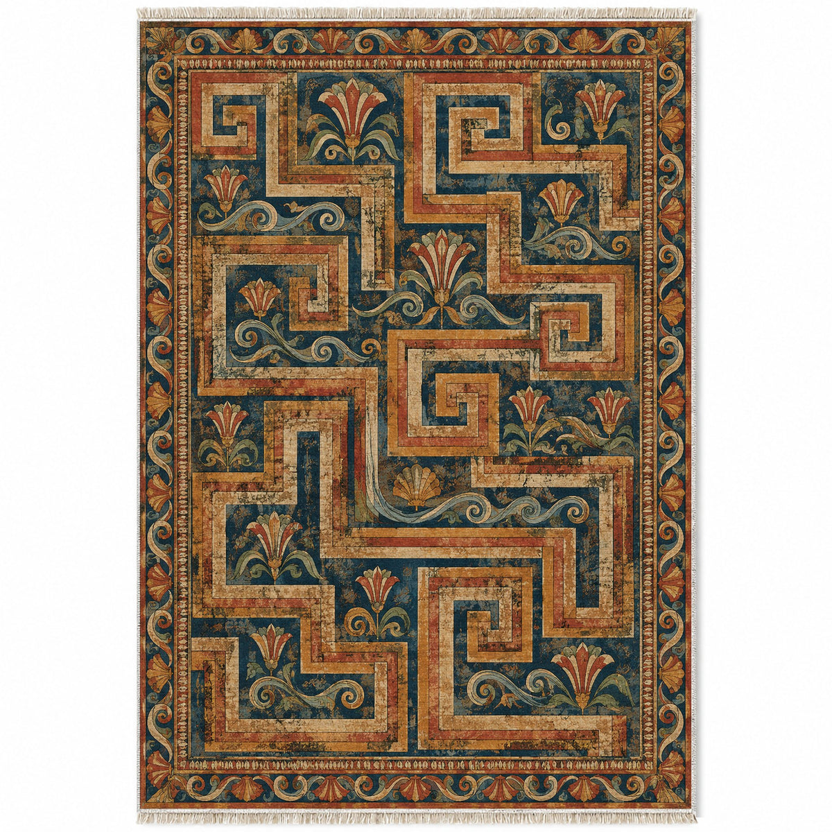 Labyrinth Weave Indigo & Rust washable rug top view