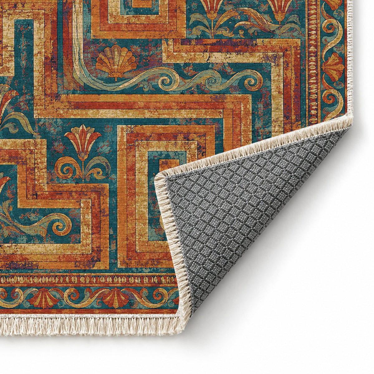 Labyrinth Weave Peacock & Ochre washable rug folded corner showing the backing