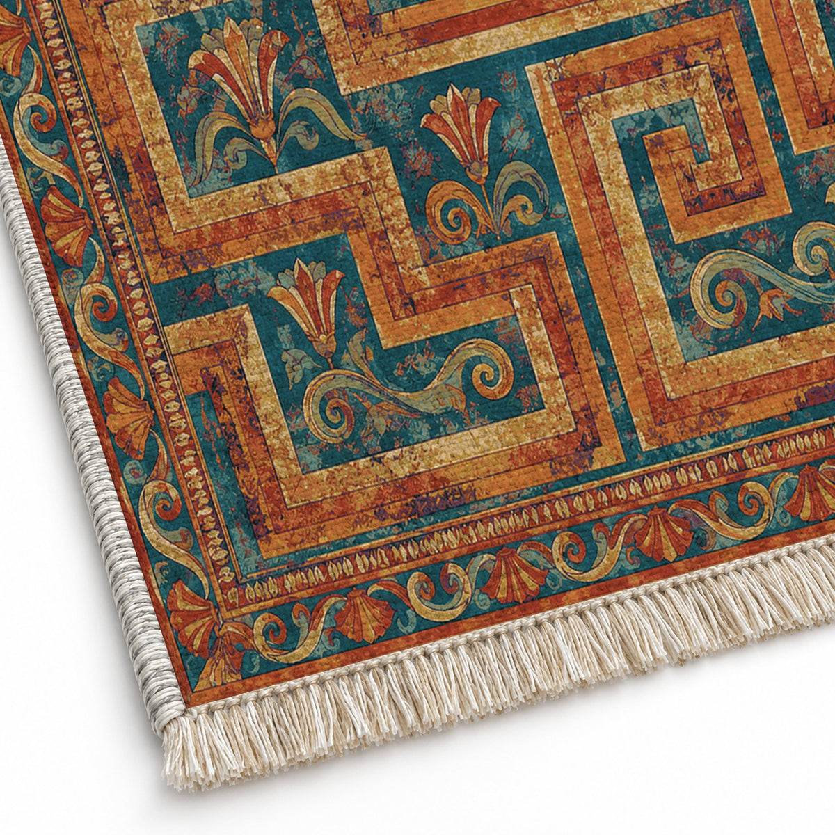 Labyrinth Weave Peacock & Ochre washable rug close-up of the printed chenille