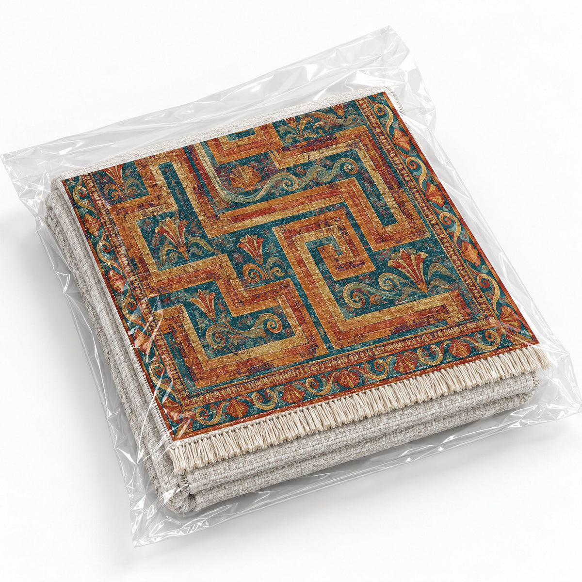 Labyrinth Weave Peacock & Ochre washable rug rolled and packaged