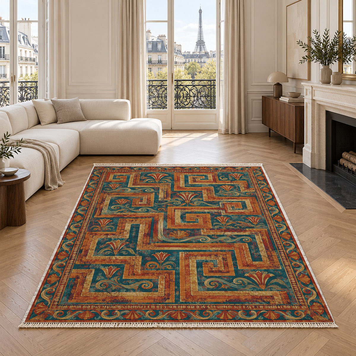 Labyrinth Weave Peacock & Ochre washable rug in a living room with an Eiffel Tower view