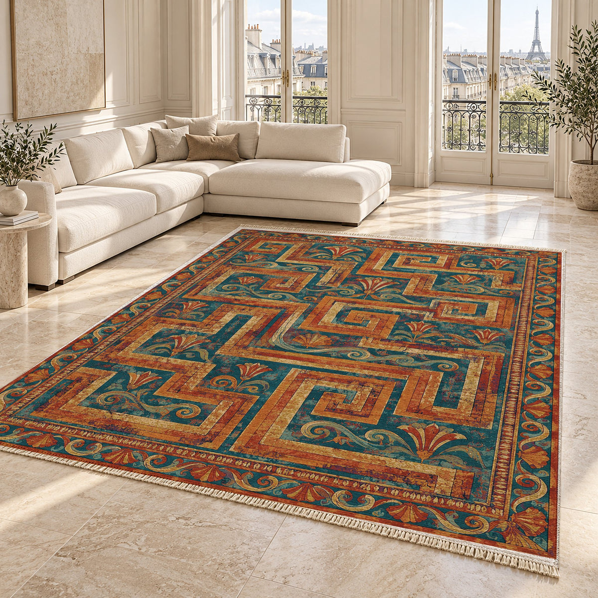 Labyrinth Weave Peacock & Ochre washable rug angled room view on marble