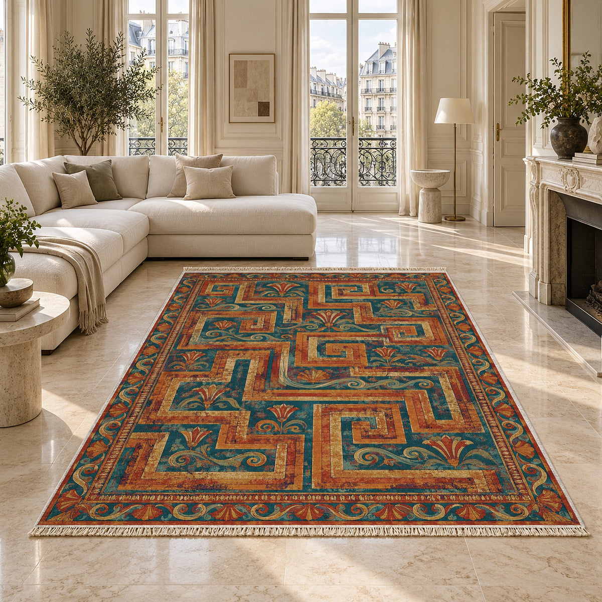 Labyrinth Weave Peacock & Ochre washable rug on a marble floor