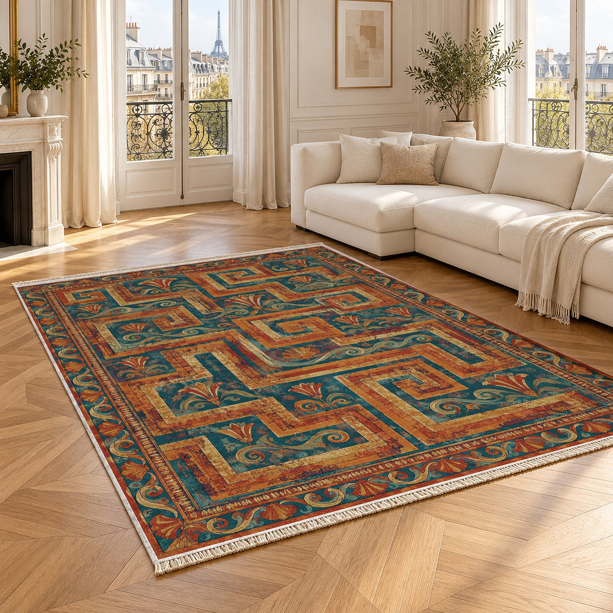 Labyrinth Weave Peacock & Ochre washable rug angled room view