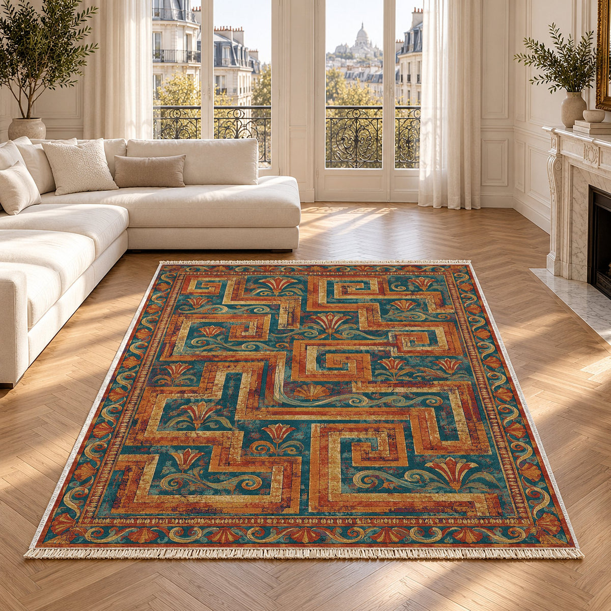 Labyrinth Weave Peacock & Ochre washable rug in a Paris living room