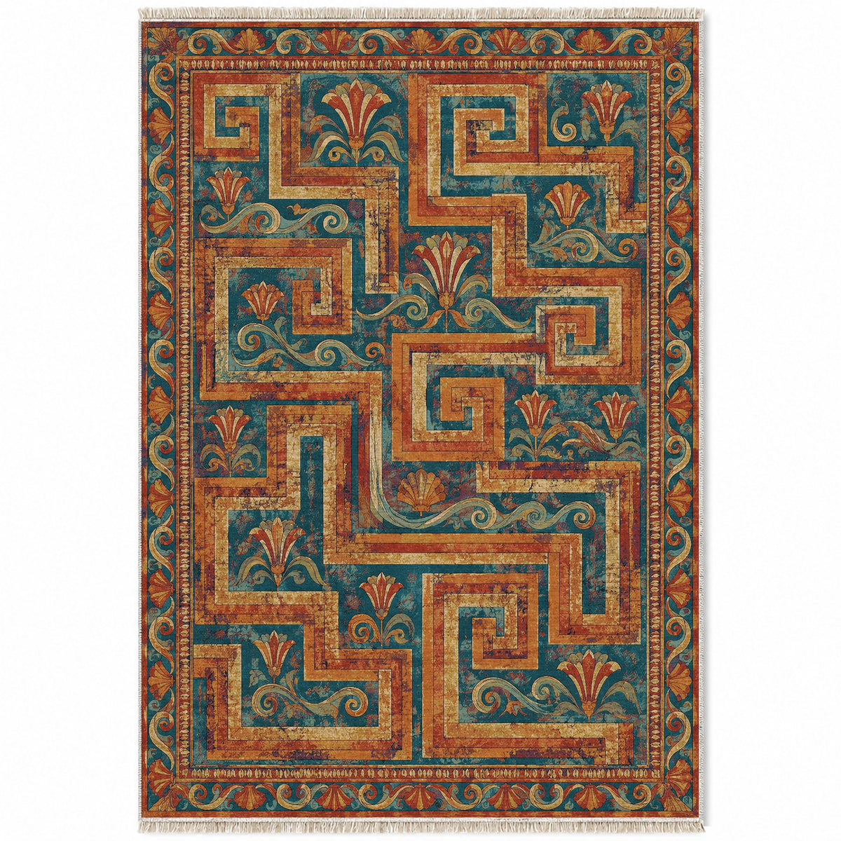 Labyrinth Weave Peacock & Ochre washable rug top view