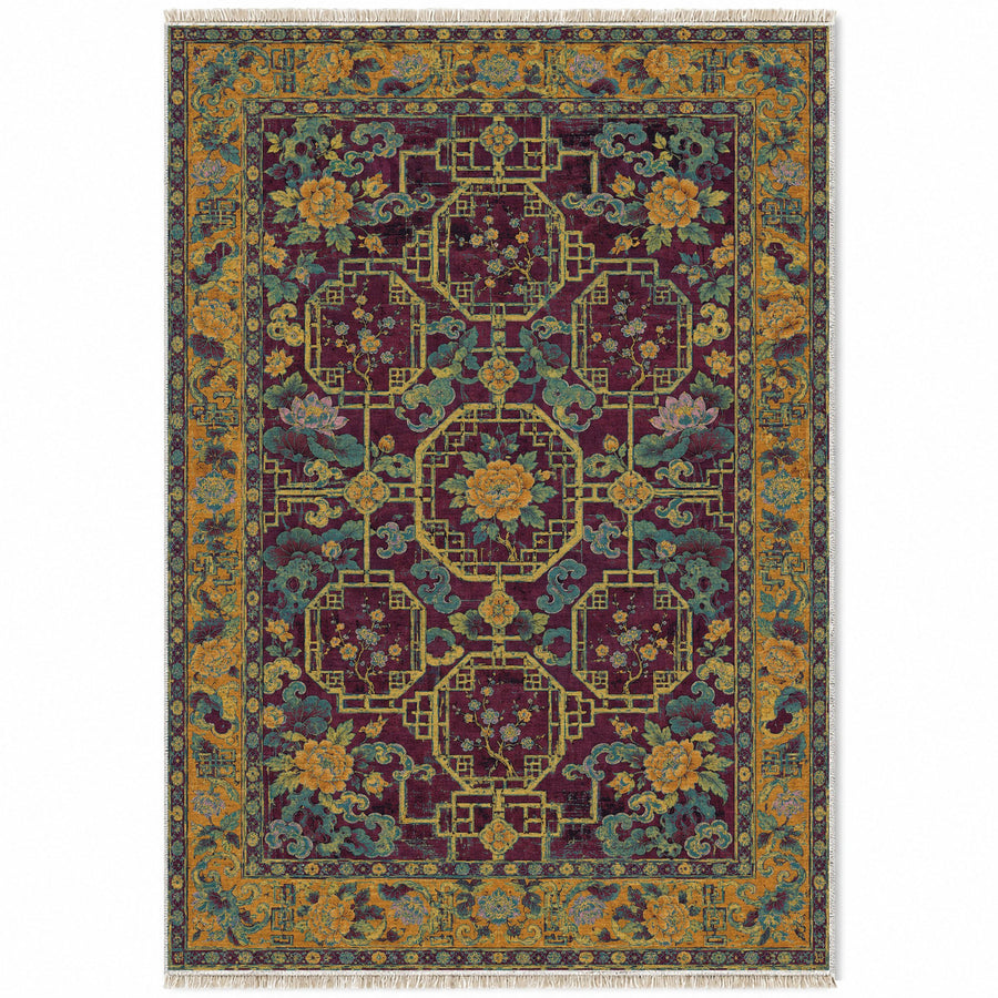 Lattice Gate Burgundy & Teal Oriental Washable Rug