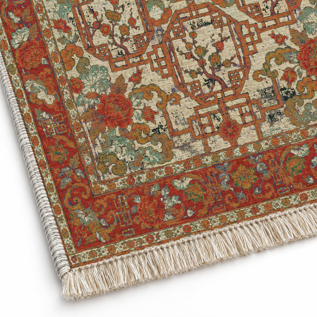 Lattice Gate Emerald & Terracotta washable rug close-up of the printed chenille
