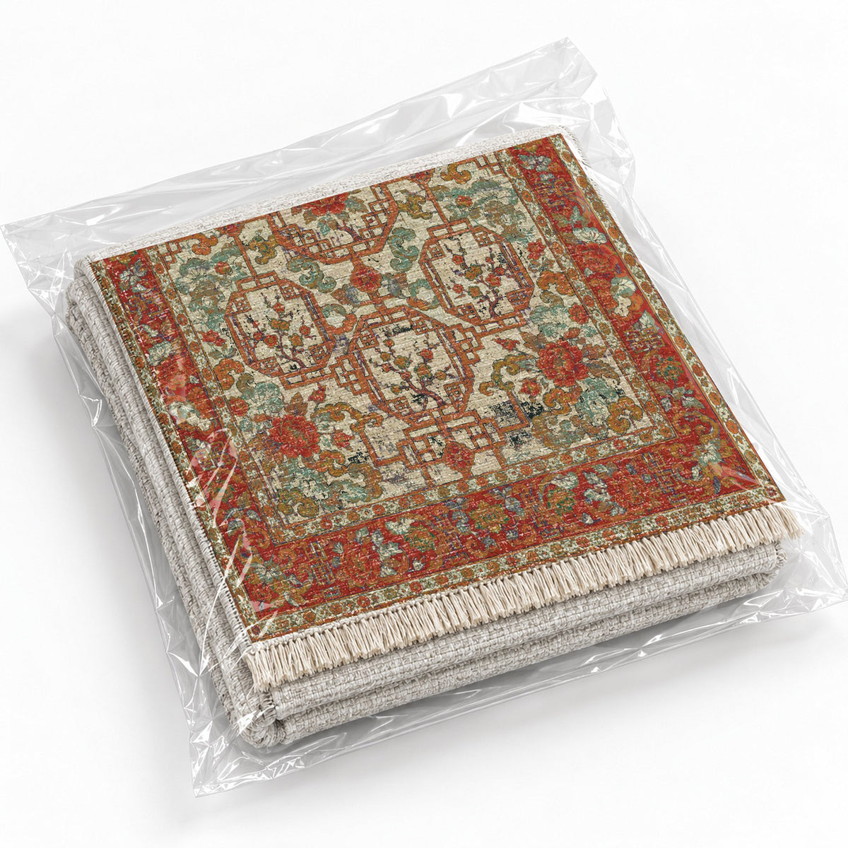 Lattice Gate Emerald & Terracotta washable rug rolled and packaged