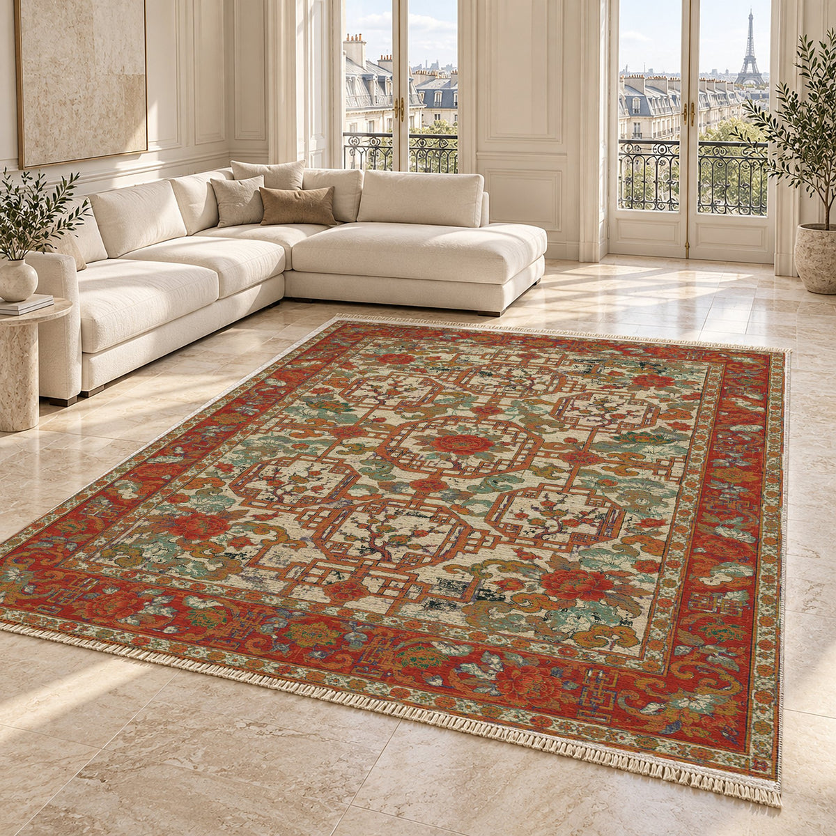 Lattice Gate Emerald & Terracotta washable rug angled room view on marble