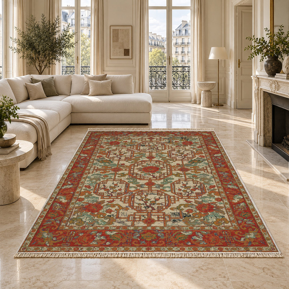 Lattice Gate Emerald & Terracotta washable rug on a marble floor