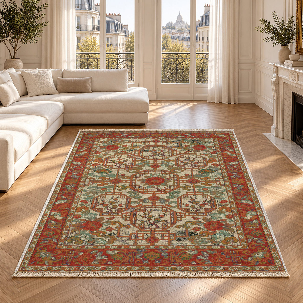 Lattice Gate Emerald & Terracotta washable rug in a Paris living room