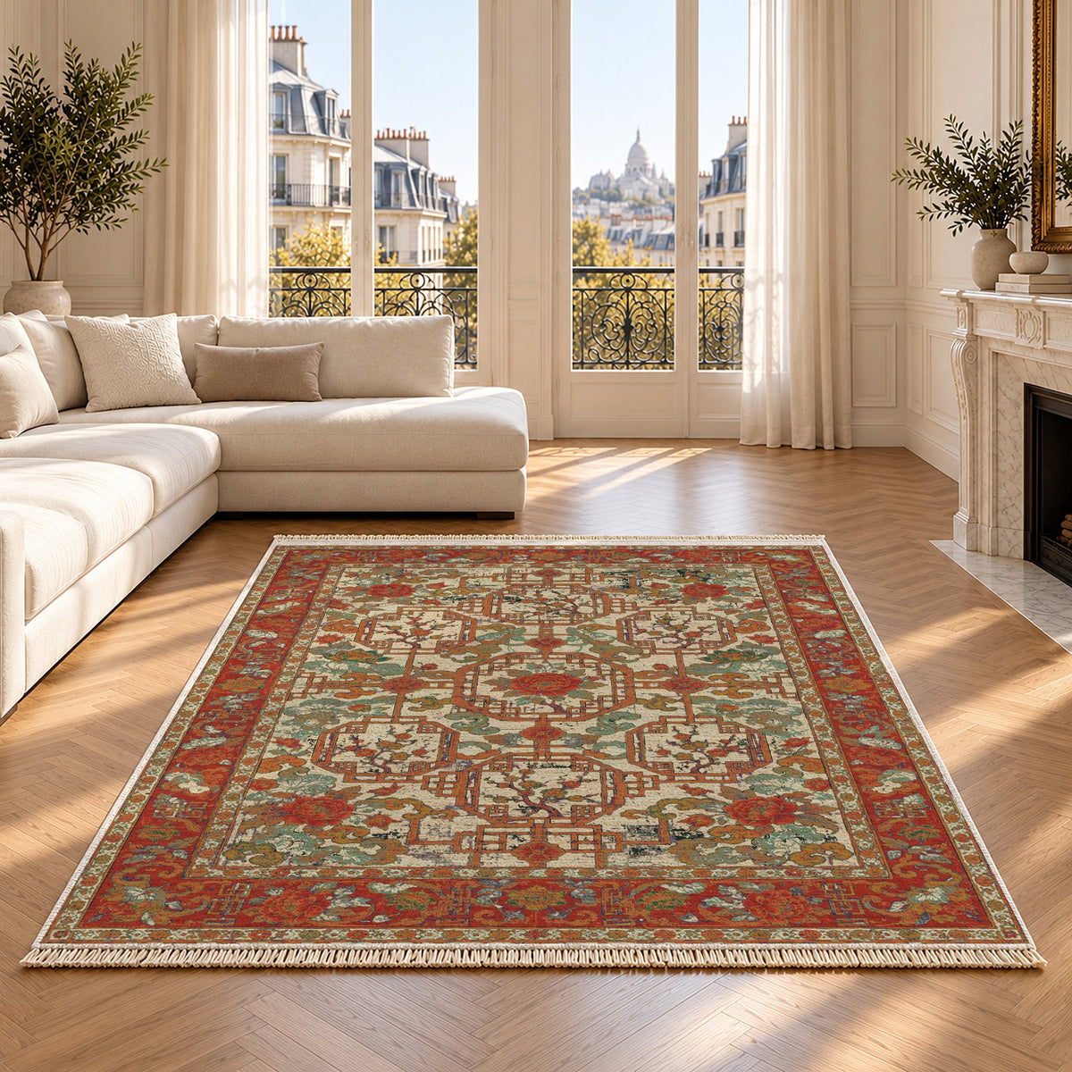 Lattice Gate Emerald & Terracotta washable rug on an oak floor
