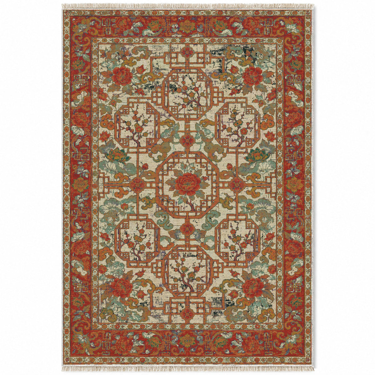 Lattice Gate Emerald & Terracotta washable rug top view