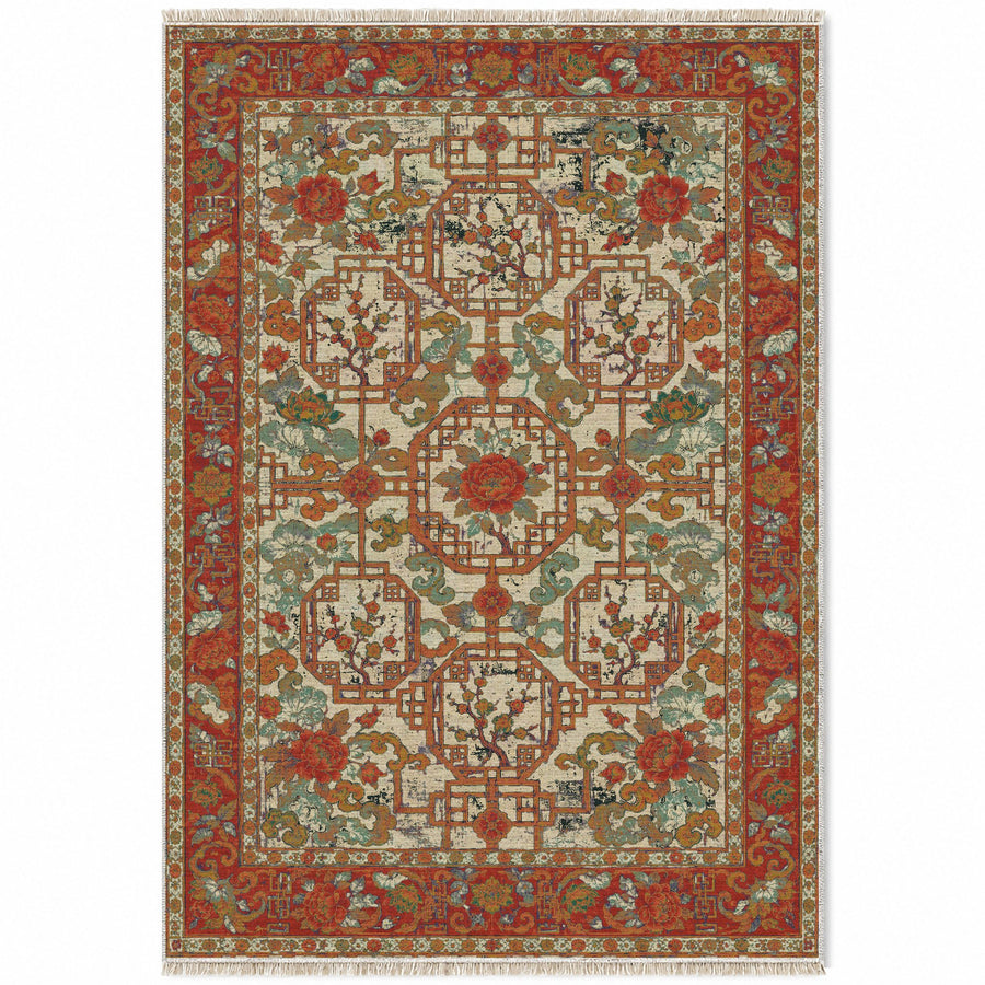 Lattice Gate Emerald & Terracotta Oriental Washable Rug