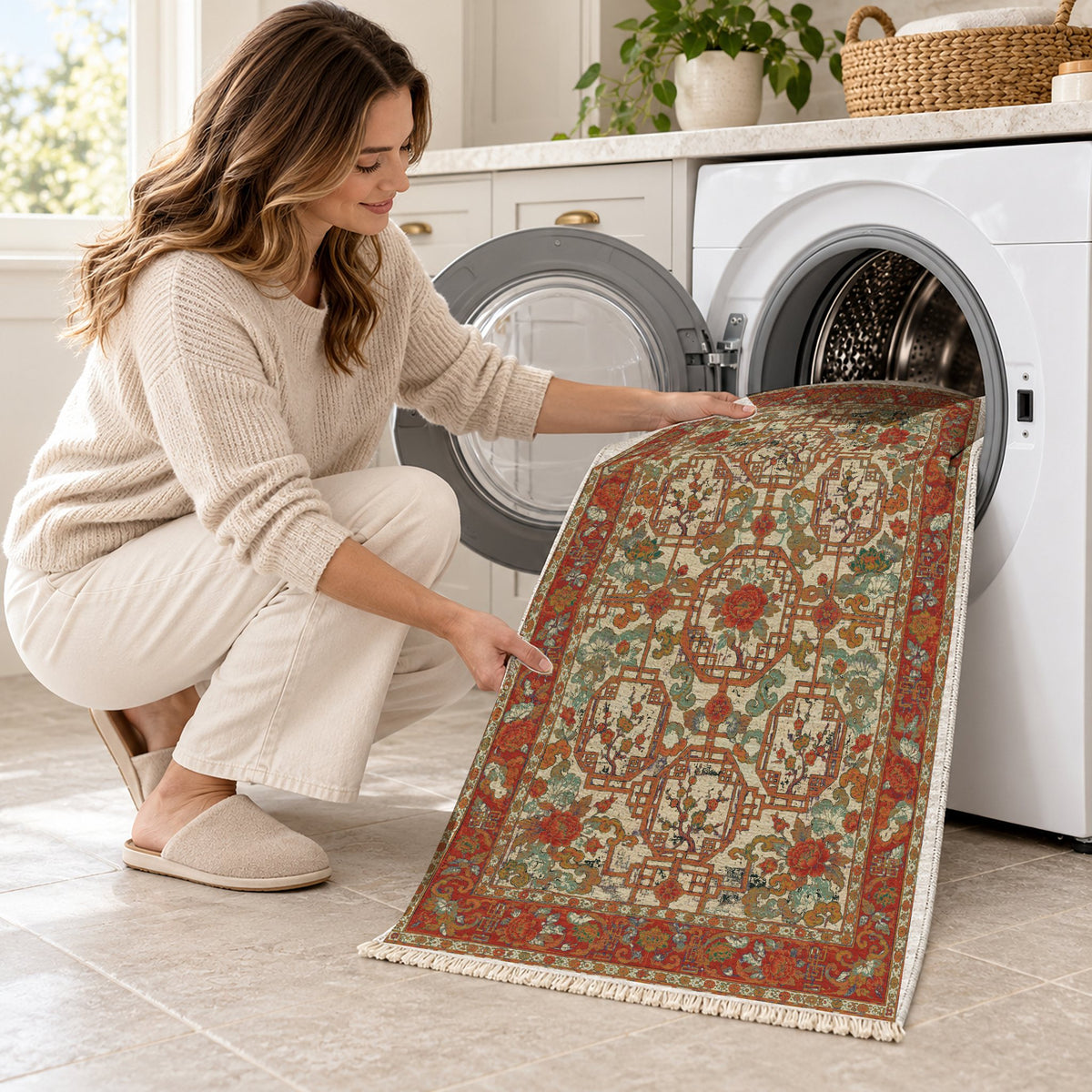 Lattice Gate Emerald & Terracotta washable rug being loaded into a washing machine