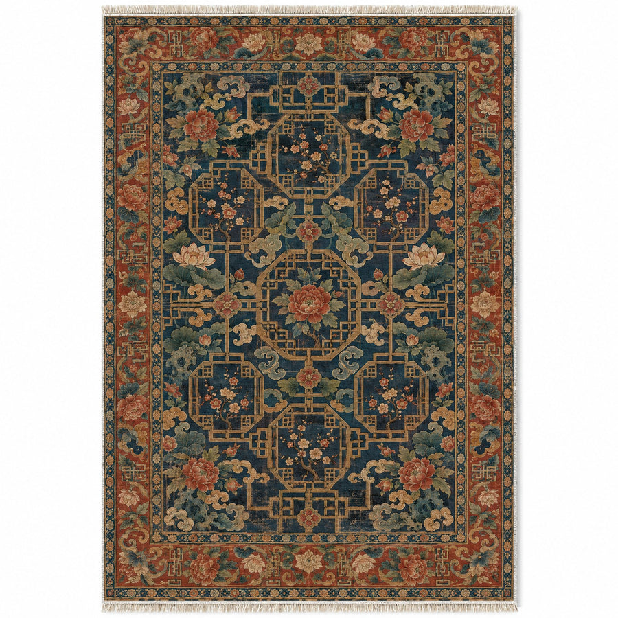 Lattice Gate Indigo & Rust Oriental Washable Rug