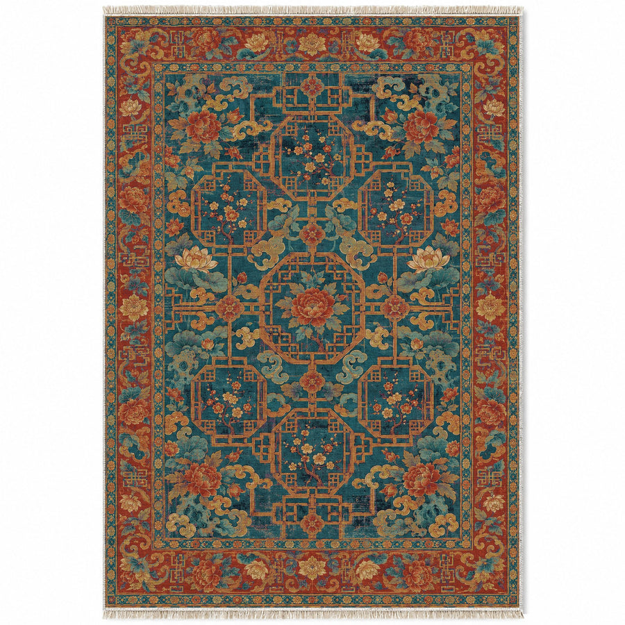 Lattice Gate Peacock & Ochre Oriental Washable Rug
