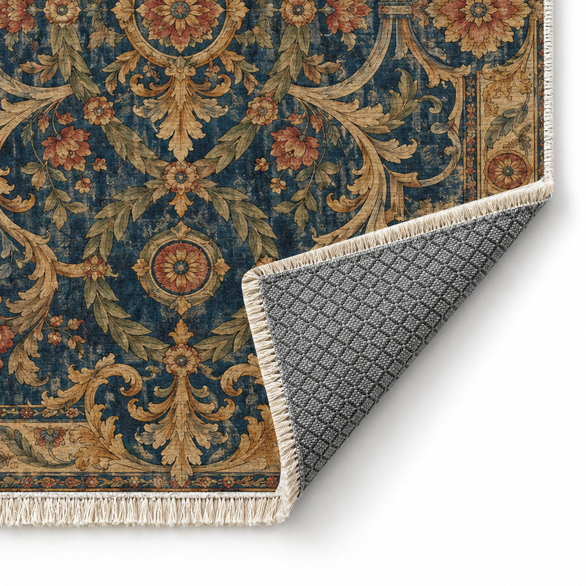 Laurel Balcony Indigo & Rust washable rug folded corner showing the backing